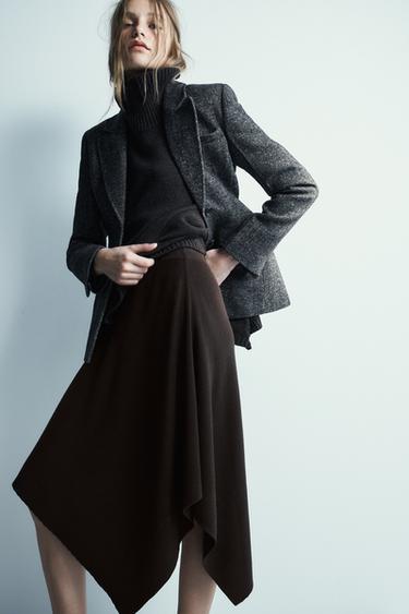 Zara ASYMMETRIC KNIT MIDI SKIRT - Brown