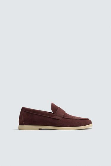 Zara CASUAL LEATHER LOAFERS - Burgundy Red