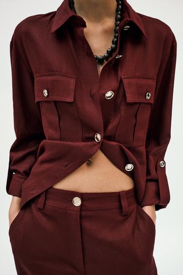 STRAIGHT-LEG LINEN BLEND TROUSERS - Burgundy by Zara - Image 5