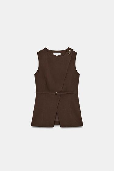 GILET CROISÉ AVEC CEINTURE - Marron de Zara