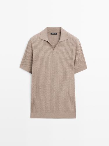 Zara Short sleeve knit polo shirt with cable-knit detail - Light khaki