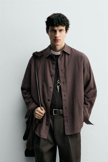 Zara COTTON - VISCOSE PLAID SHIRT - Burgundy