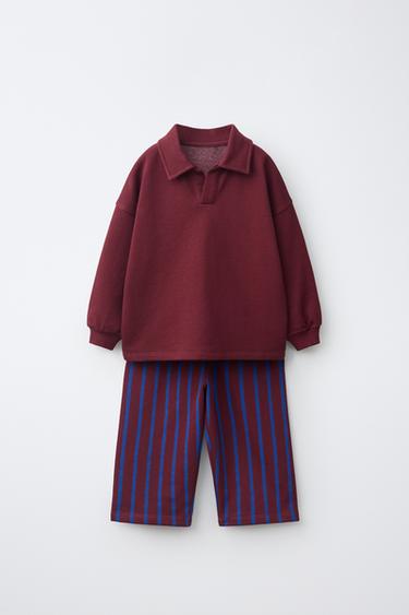 POLO SWEATSHIRT AND STRIPED WIDE-LEG TROUSERS SET - Burgundy by Zara