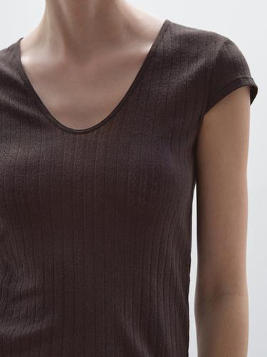 Zara Pointelle cutwork T-shirt - Dark brown