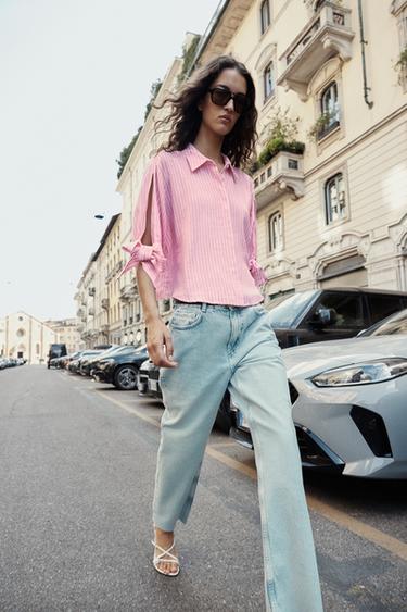 CAMISA RAYAS LAZOS CON LINO - Rosa / Blanco de Zara