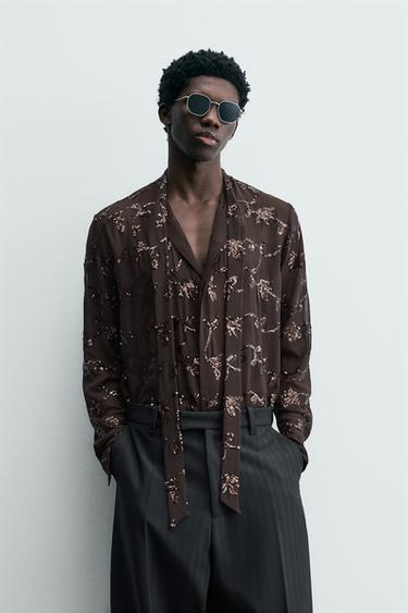 Zara LIMITED EDITION SEQUIN SEMI-SHEER SHIRT - Brown