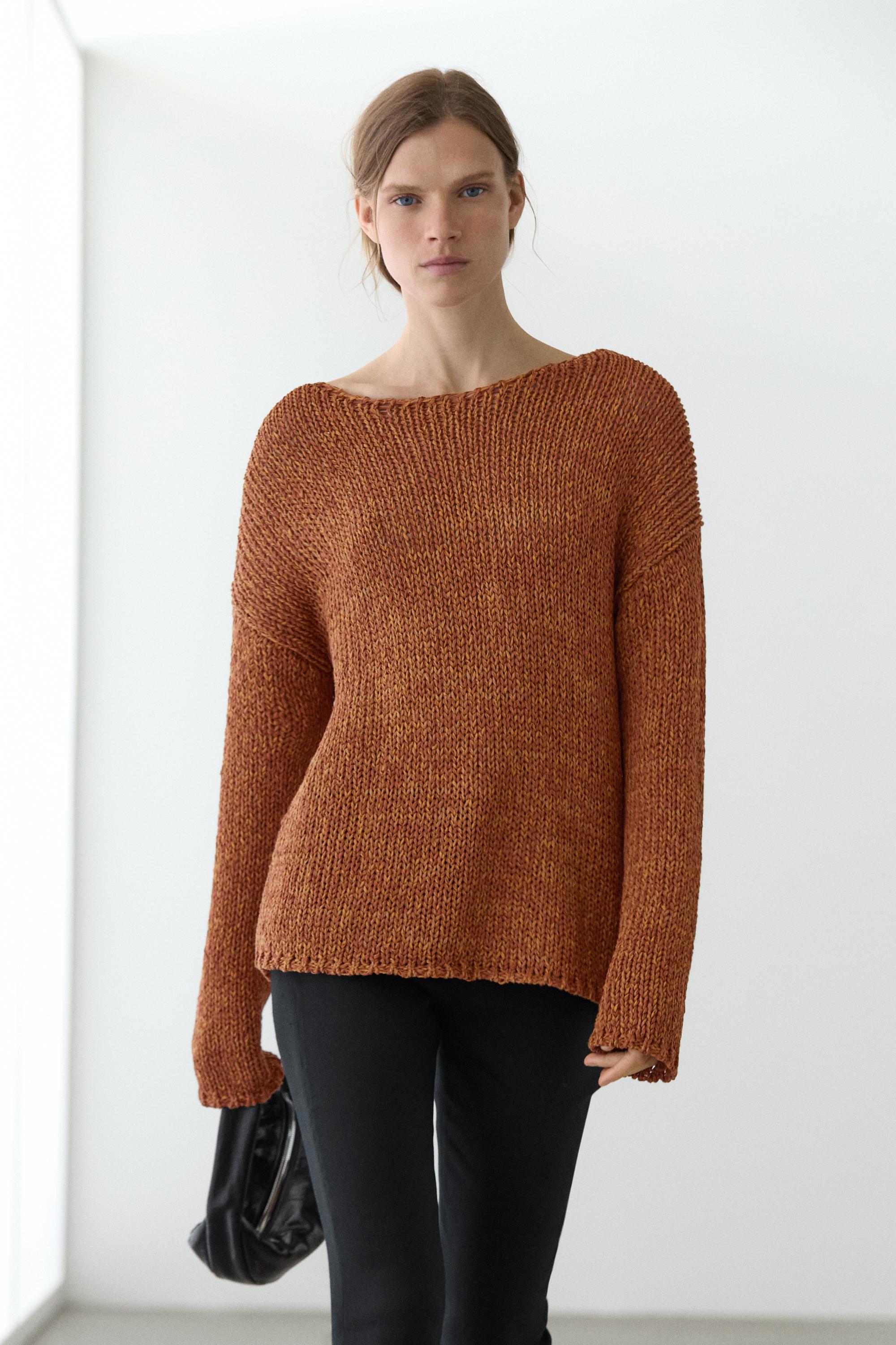 Cotton blend cutwork sweater — Burnt orange