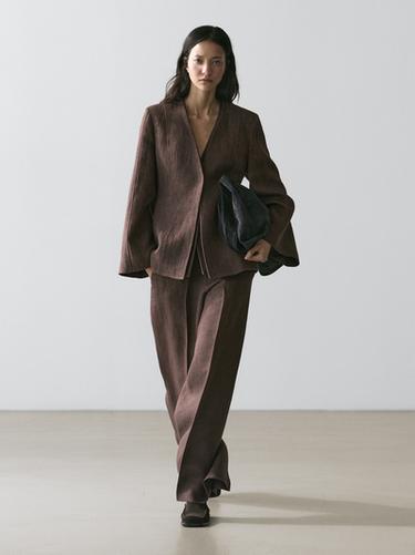 Zara Linen lapelless blazer - Brown