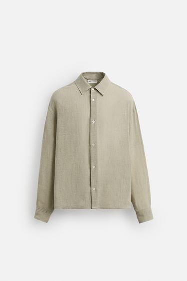 Zara RELAXED FIT LINEN BLEND SHIRT - Sage Green