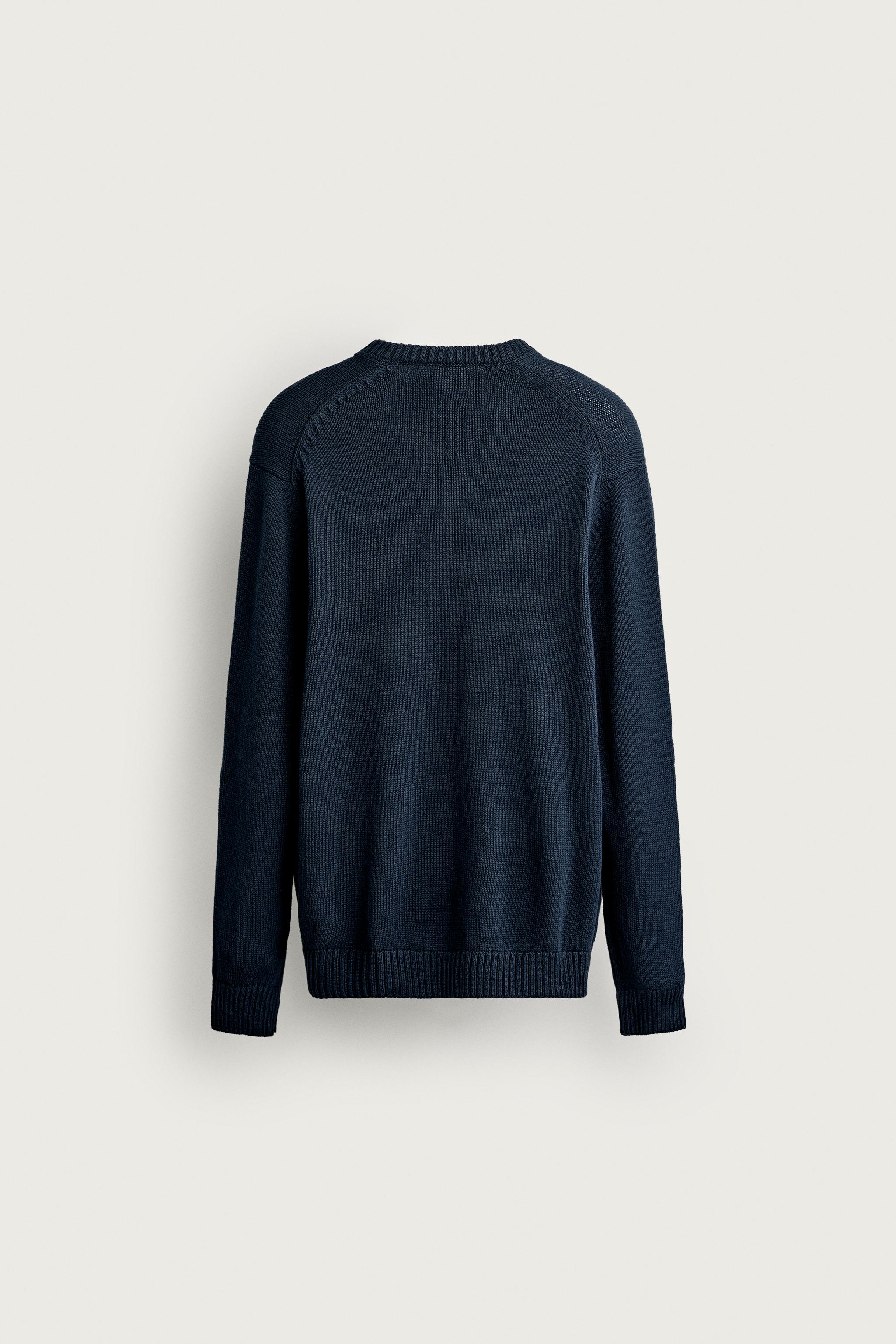 COTTON-LINEN REGULAR FIT SWEATER — Navy blue