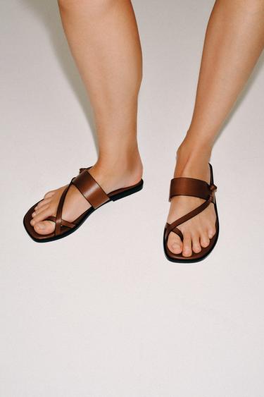 Zara 真皮平底涼鞋 - 棕色