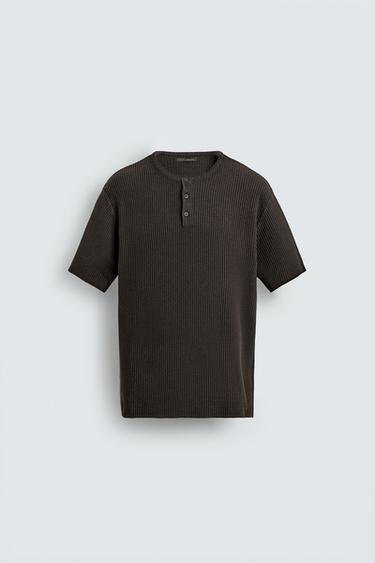 GEWASSEN TRICOT T-SHIRT MET POLOSLUITING - Zwart van Zara