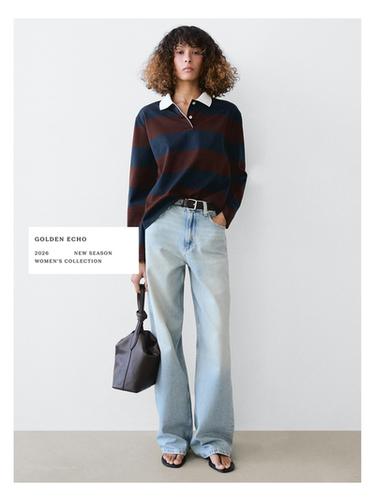 Polo manches longues à rayures en coton - Bleu marine de Zara