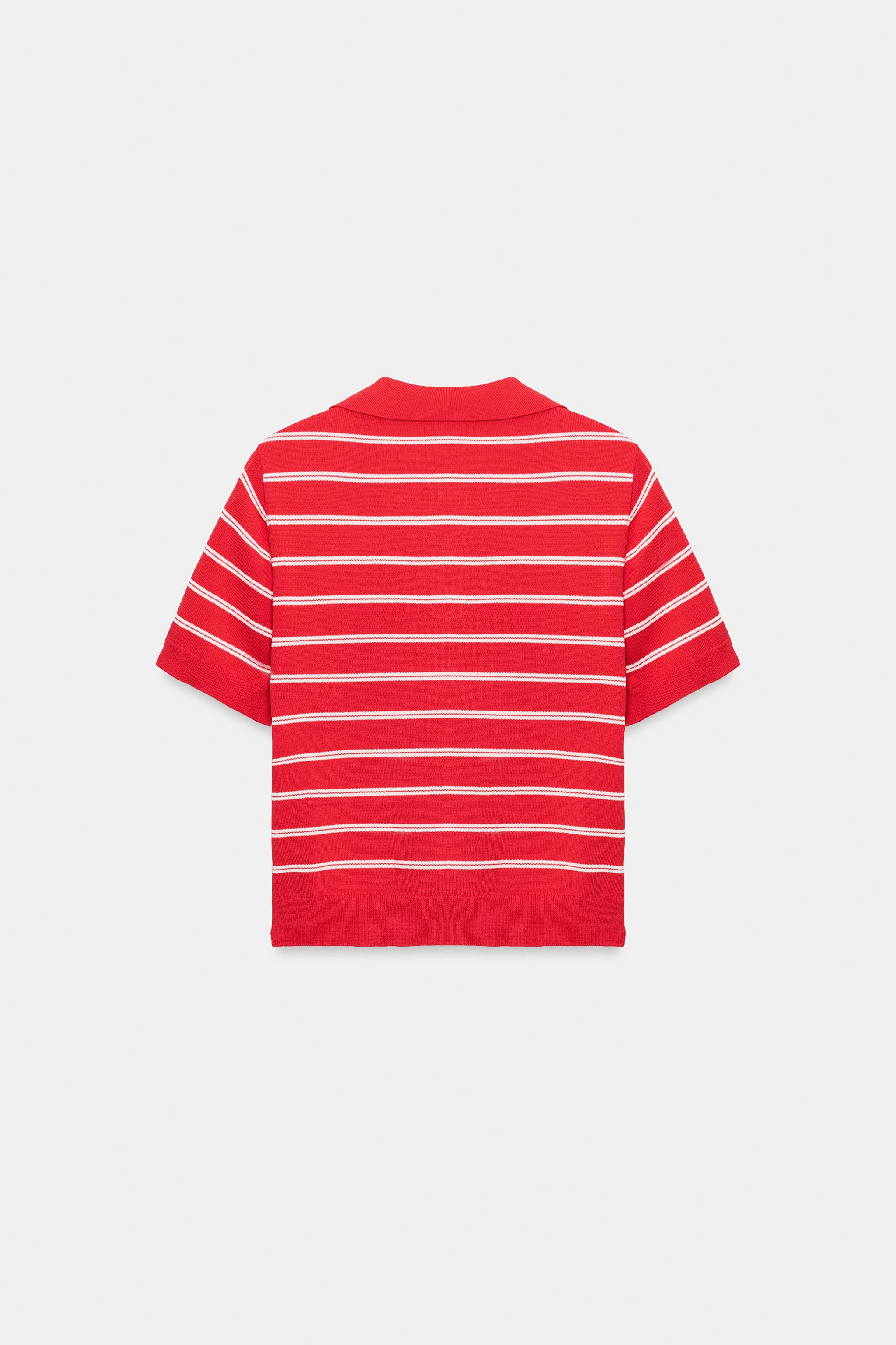 Zara ÇİZGİLİ KISA KOLLU TRİKO POLO T-SHIRT görsel 6
