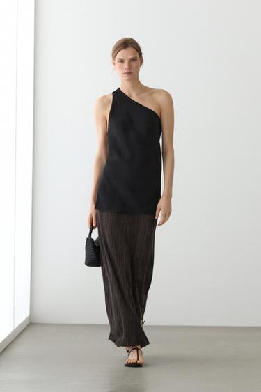 Jupe midi plissée total look à rayures - Chocolat de Zara