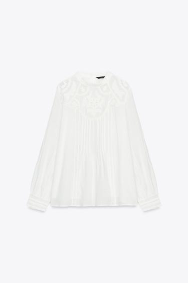 Zara FLORAL EMBROIDERY BLOUSE - White