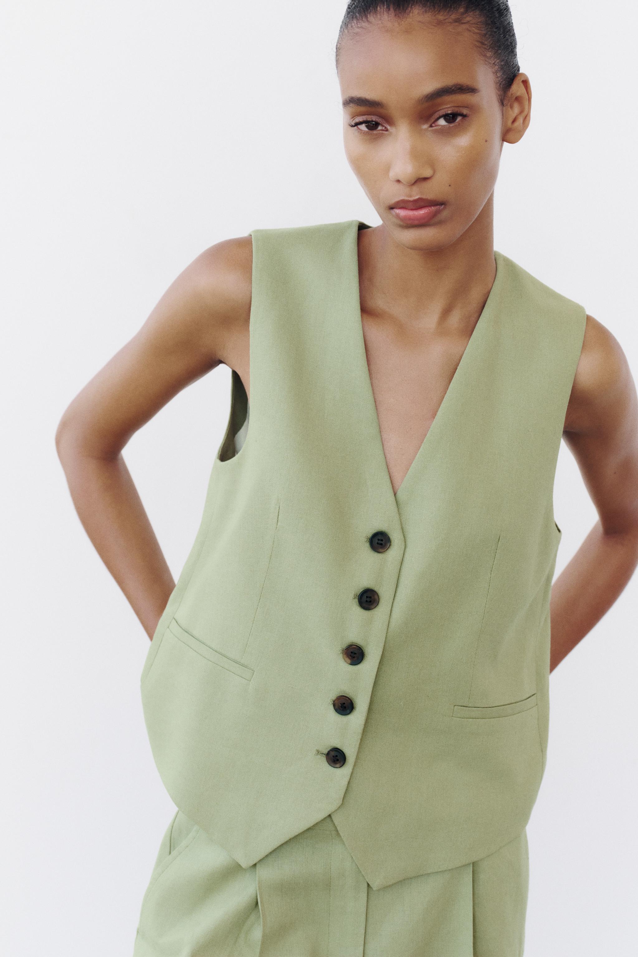 TAILORED LINEN BLEND WAISTCOAT Sea green ZARA India