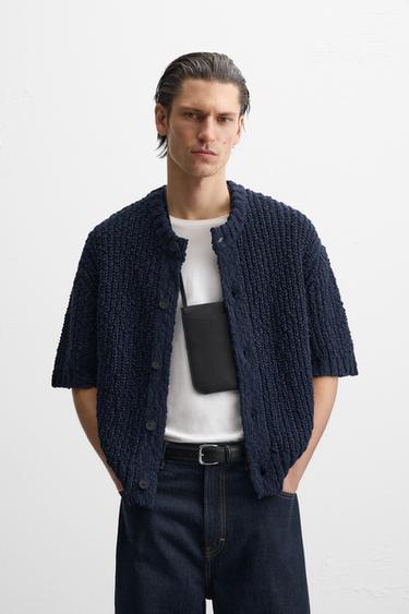 STRUKTURVÆVET CARDIGAN I BOMULD - marine fra Zara
