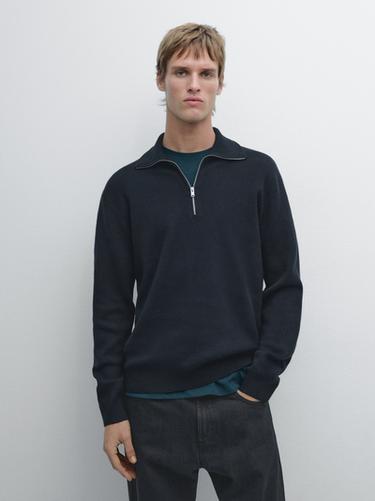 Zara Cotton mock neck knit sweater with zip - Navy blue