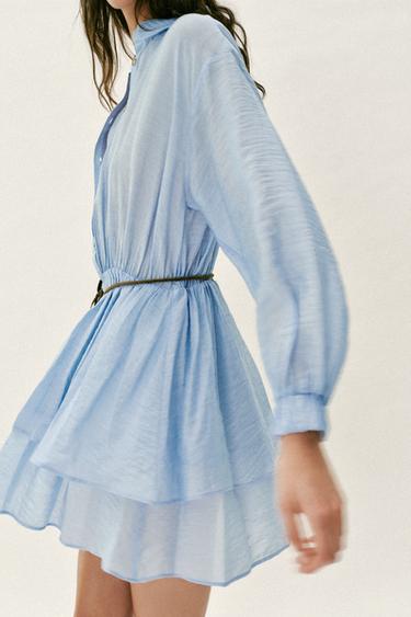 VESTIDO CORTO CINTURÓN BOLSILLO - Celeste de Zara
