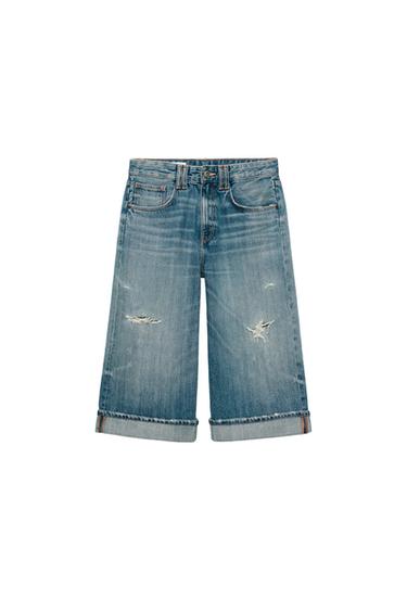 TRF MID-WAIST RIPPED DENIM JORTS - Blue by Zara