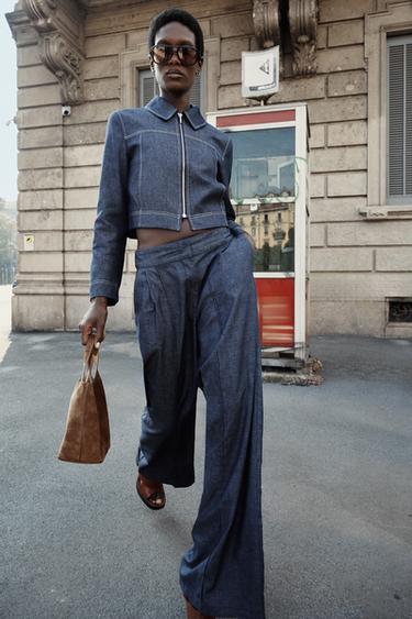 Zara PLEATED WIDE LEG PANTS - Indigo