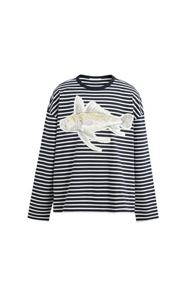 Zara STRIPED PATCH T-SHIRT - White / Navy - Image 0