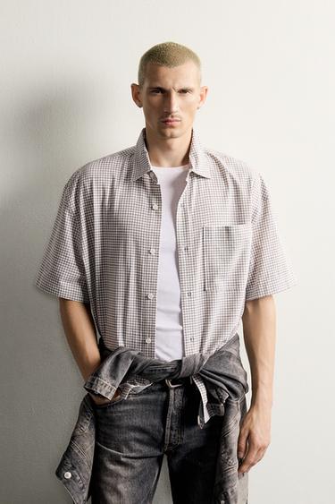 RELAXED FIT PLAID TEXT SHIRT — Blue 2