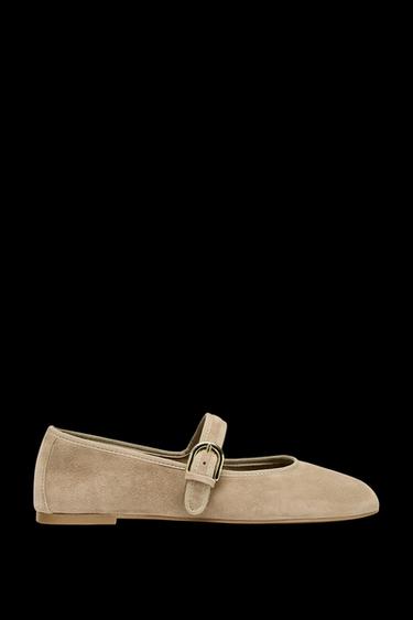 Zara SUEDE STRAP BALLET FLATS - Sandy Brown