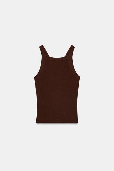 Zara RIBBED WRAP TOP - Brown