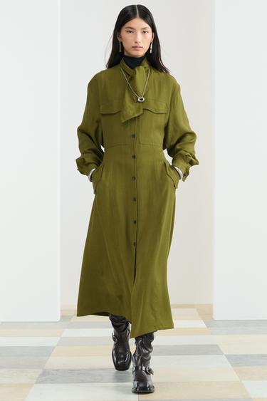 Zara MD SCARF BUTTON DRESS - Khaki