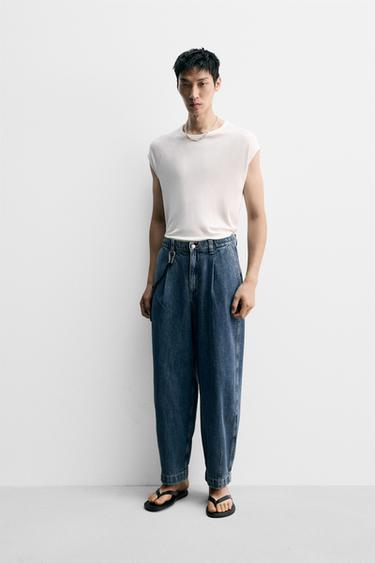 Zara WIDE FIT PLEATED DENIM CHINO PANTS - Mid-blue