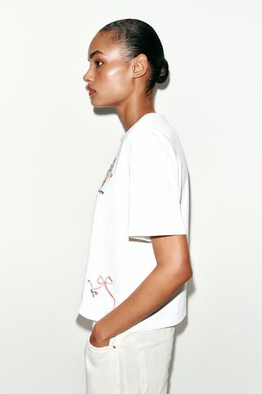 T-SHIRT À FLEURS BRODÉES - Blanc de Zara - Image 3