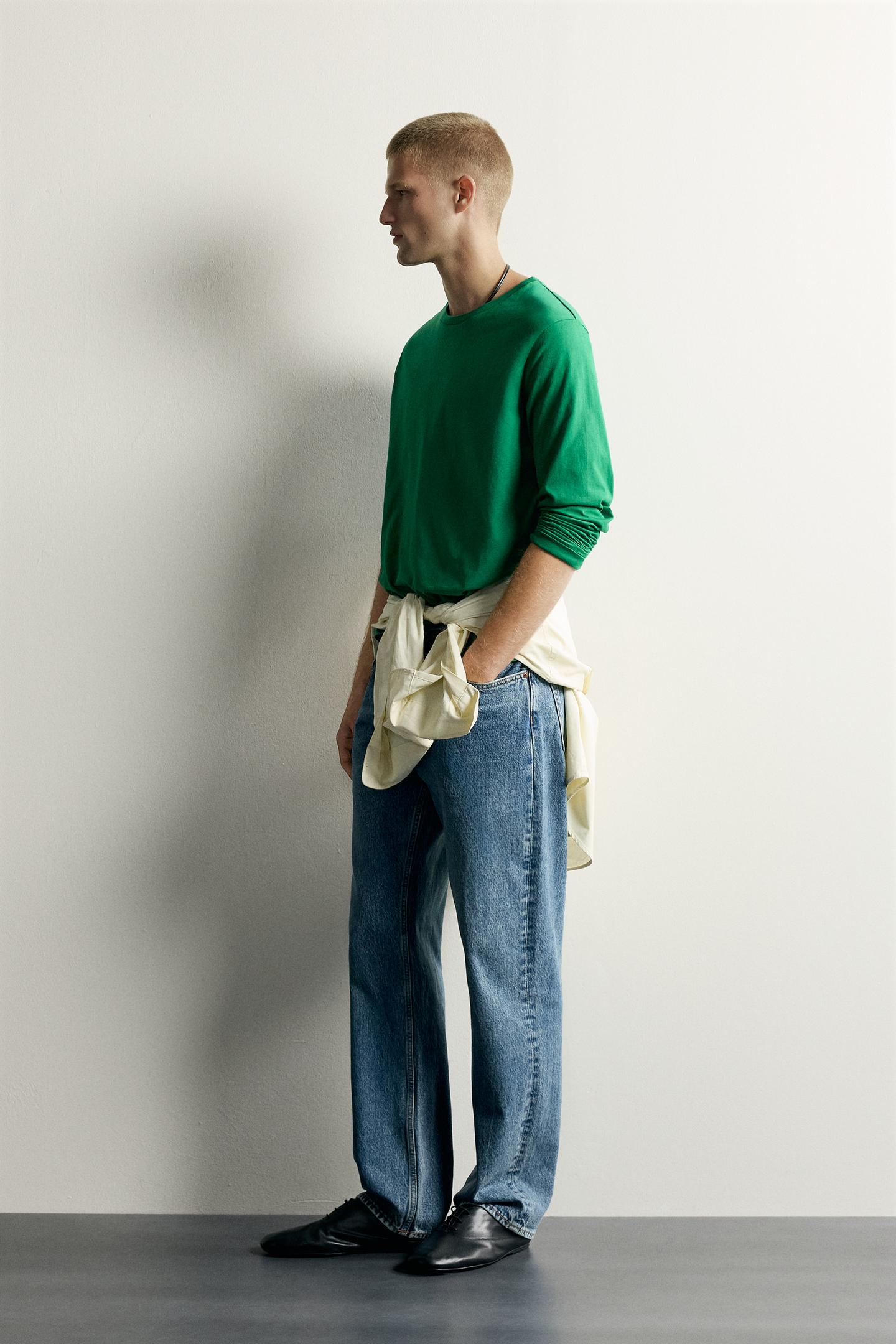 Мужская футболка Zara Relaxed Fit Long Sleeve, цвет: Зелёный — фото 4