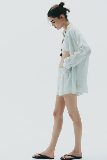 SHORT DE PYJAMA EN GAZE RAYÉ - Blanc / Vert de Zara - Image 3