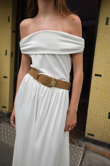 OFF-THE-SHOULDER CONTRAST MIDI DRESS WITH BELT - Ecru by Zara
