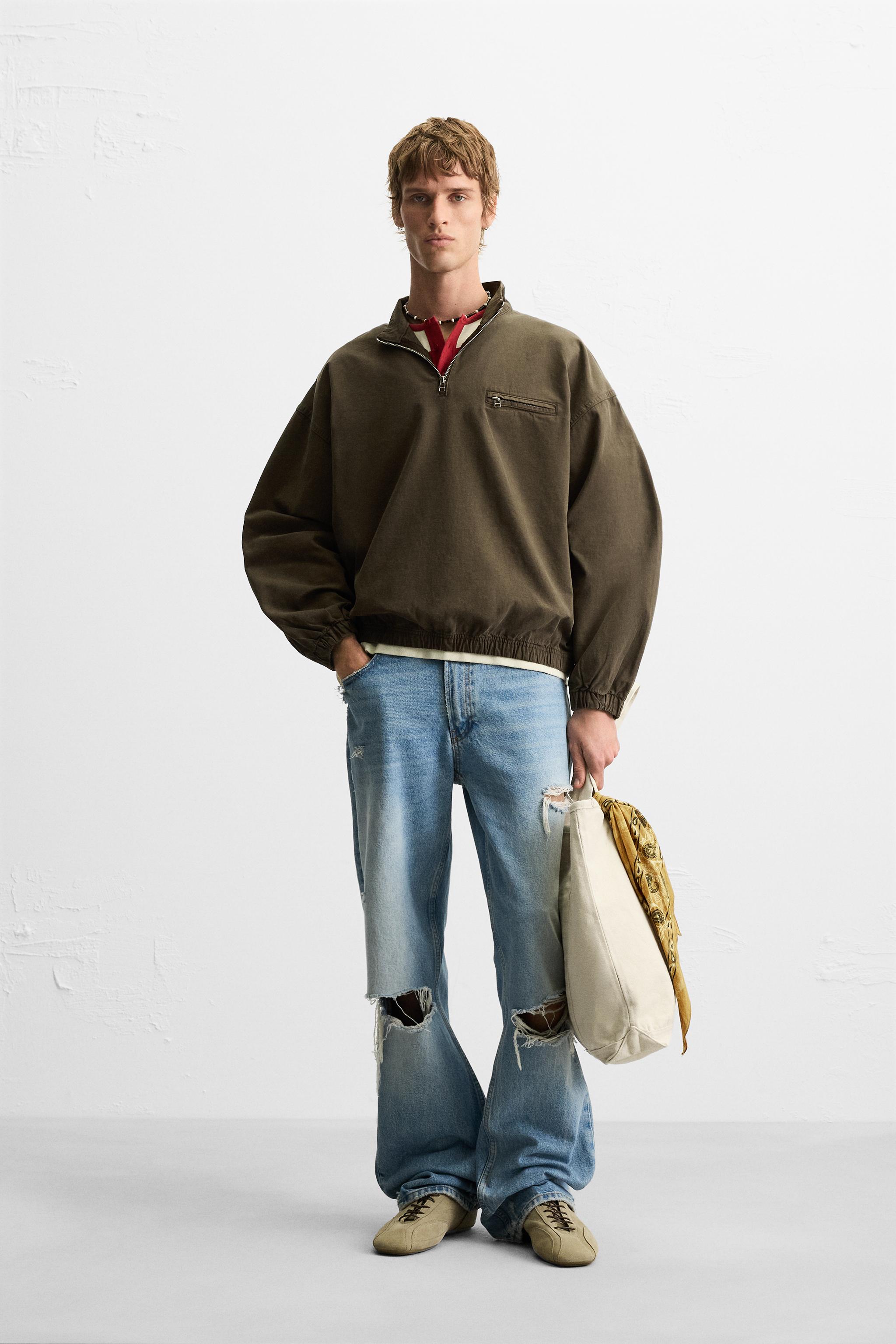 ウォッシュ加工ジップネックジャケット - ブラウン | ZARA Japan