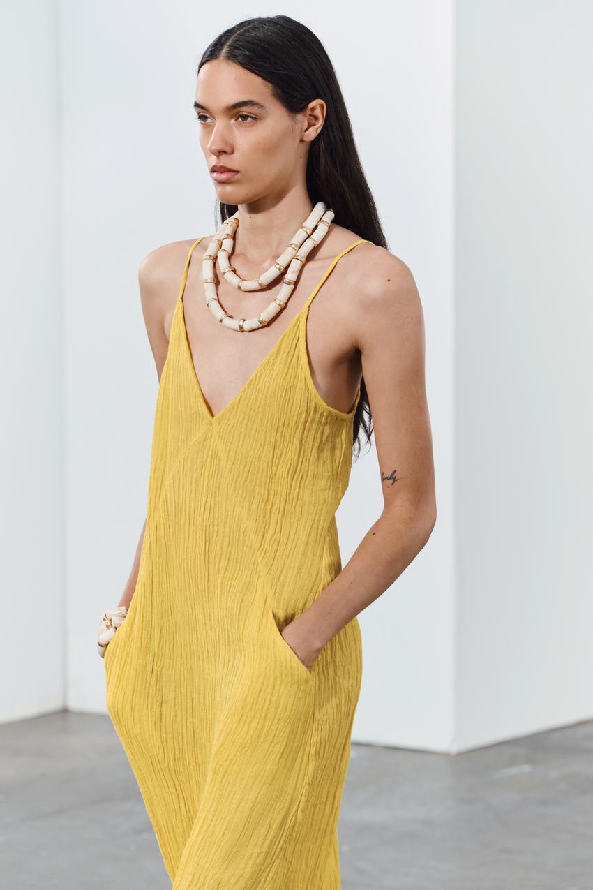 ZW COLLECTION リネン ミディワンピース - イエロー | ZARA Japan / 日本