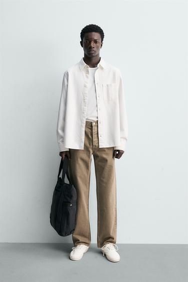 ÁO SƠ MI DENIM DÁNG SUÔNG REGULAR FIT - Kem từ Zara