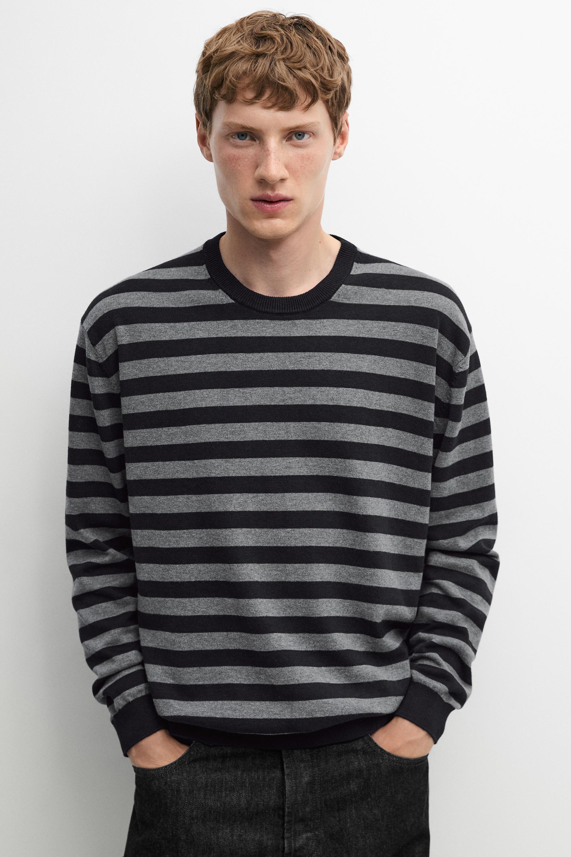 Cotton blend striped knit sweater — Navy blue