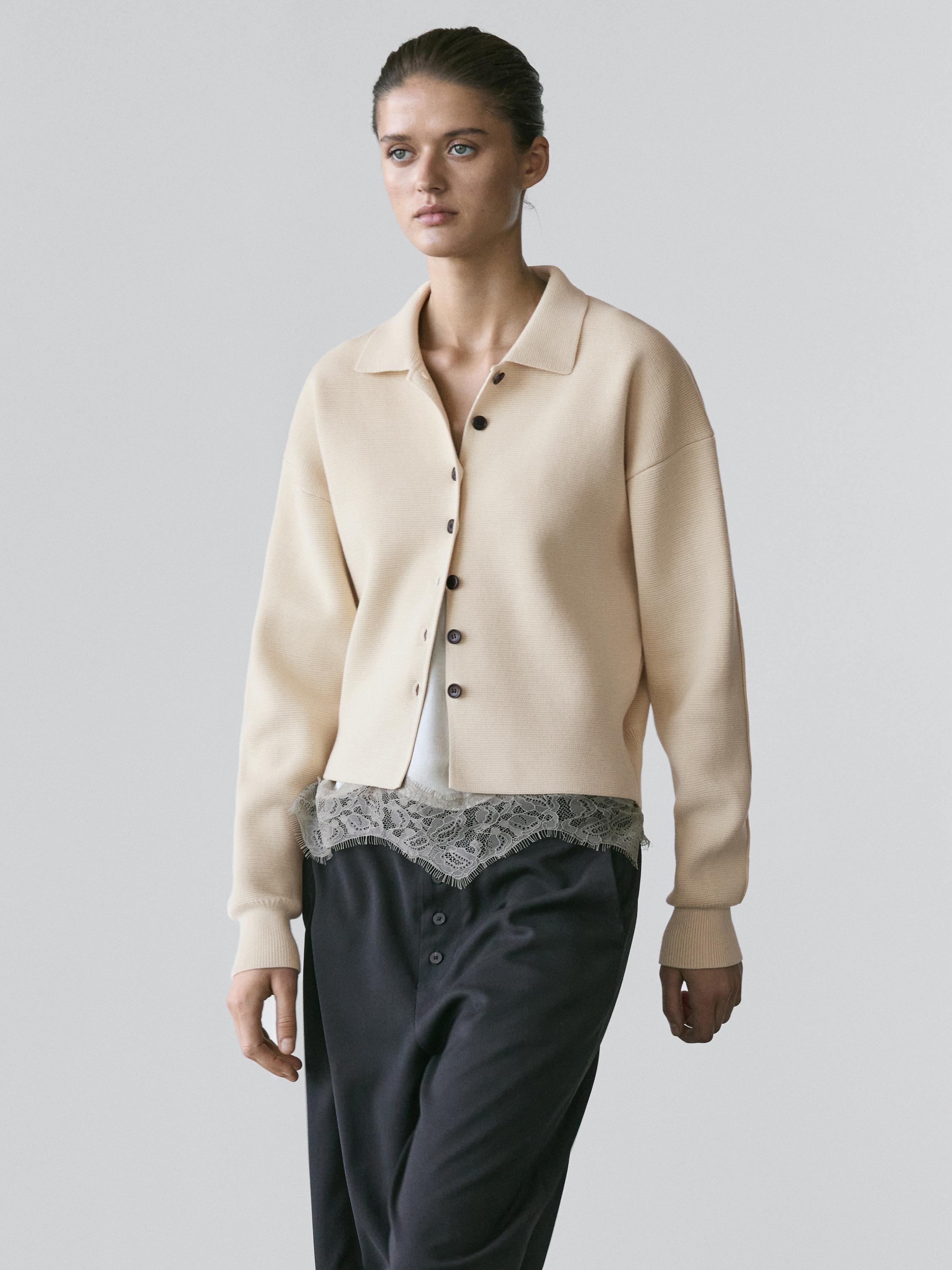 Cotton knit polo collar cardigan