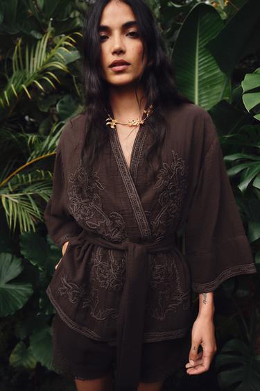 KIMONO JACKET WITH EMBROIDERY AND BELT - Brown by Zara