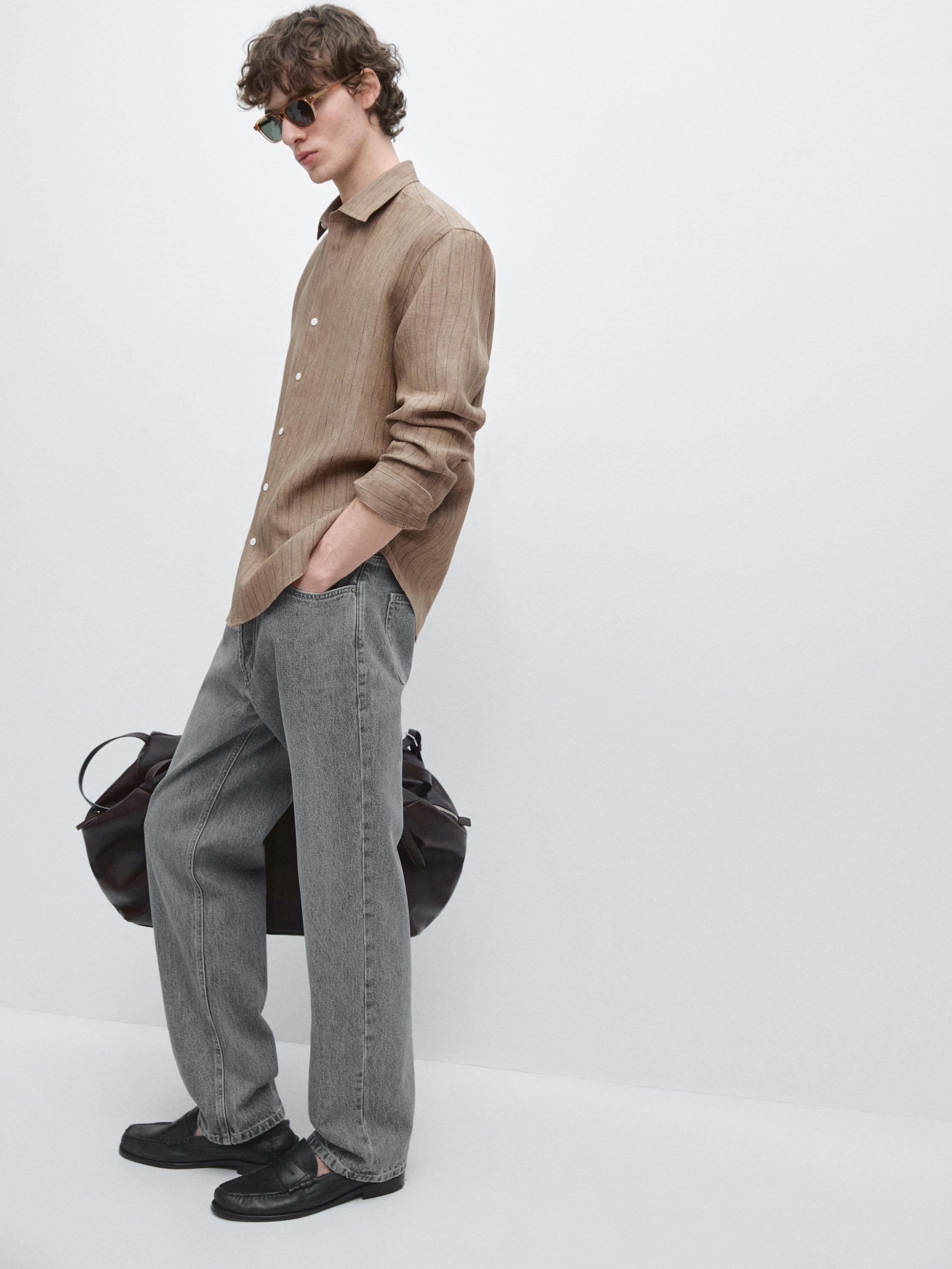 100% linen slim fit striped shirt