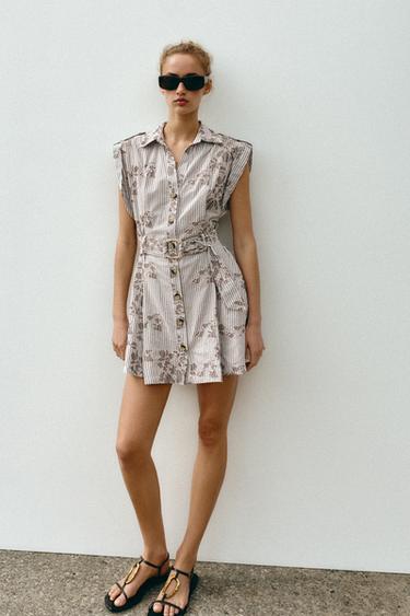 VESTIDO BORDADOS LENTEJUELAS CINTURÓN - Marrón / Crudo de Zara