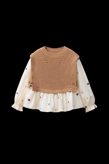 FLORAL EMBROIDERY SHIRT WITH KNITTED VEST - camel by Zara - Image 0