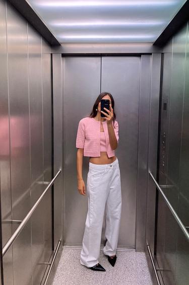 УКОРОЧЕННЫЙ КАРДИГАН В КЛЕТКУ — Розовый / Белый от Zara — изображение 0