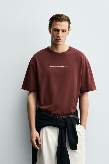 FLOCKED PRINT RELAXED FIT T-SHIRT - Burgundy by Zara - Image 1
