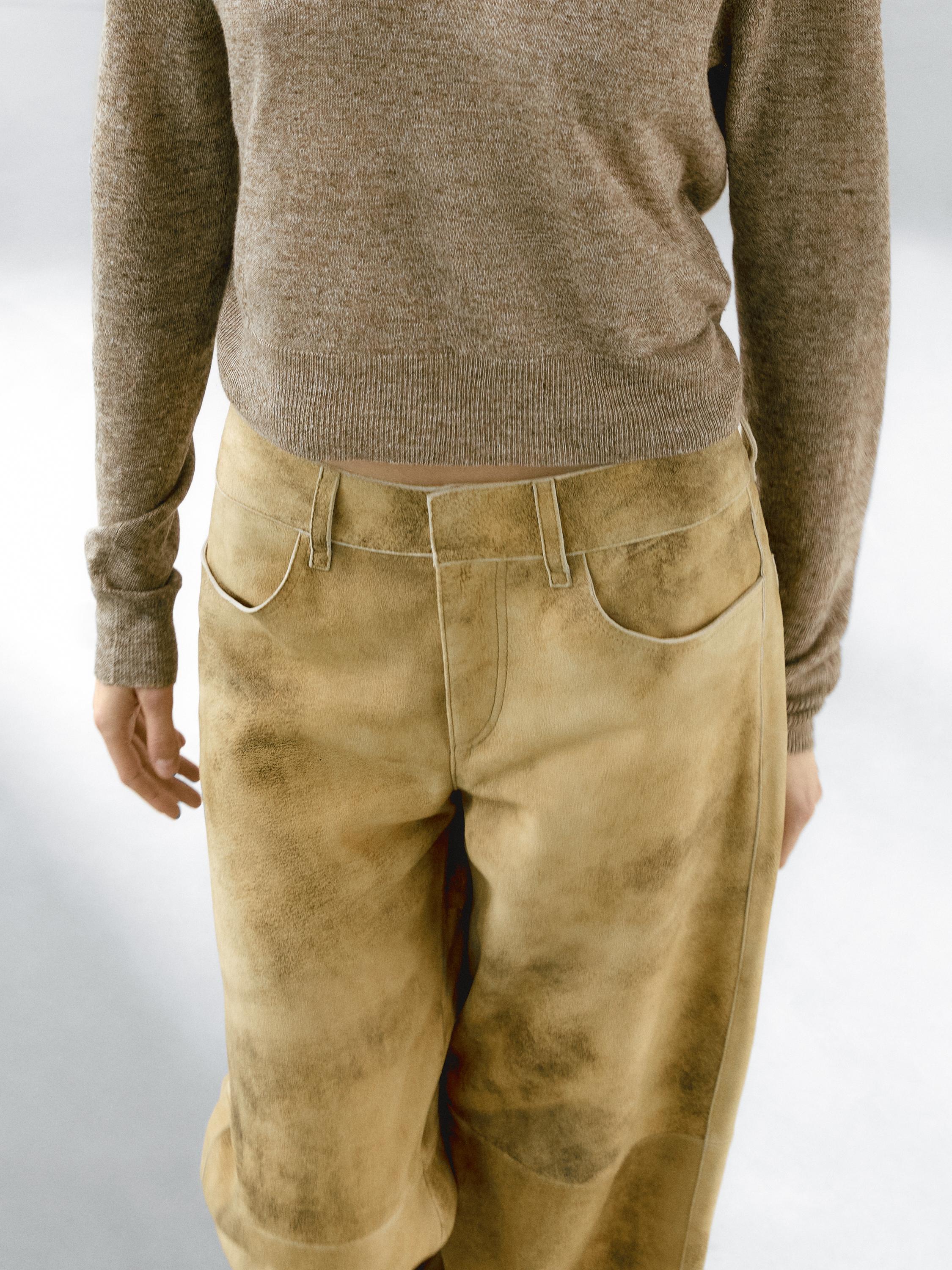 ZARA Jean Style Zip Cuff Coated Faux Leather Pants. Beige