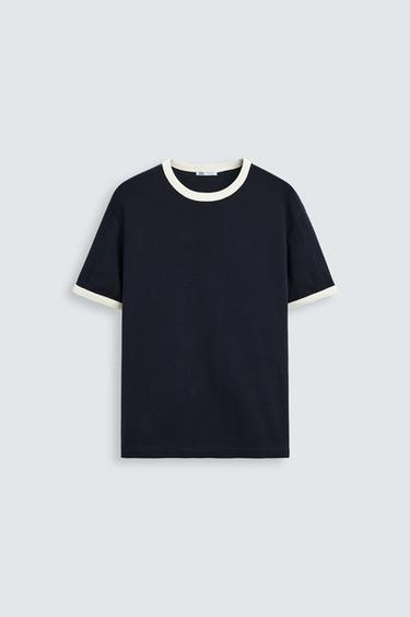 BASIC CONTRAST RIB T-SHIRT - Navy blue by Zara