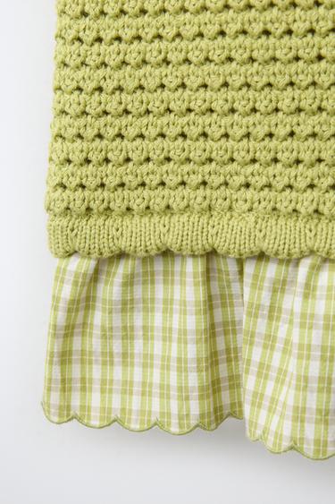 TOP EN MAILLE COMBINÉ À CARREAUX VICHY ET BRODERIES - Vert clair de Zara - Image 3
